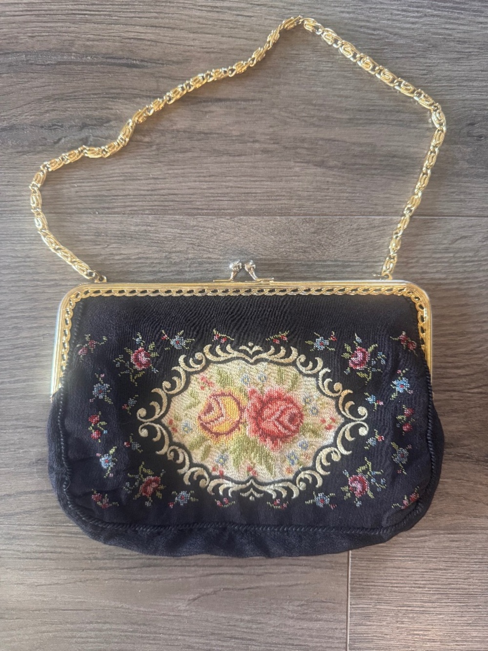 Vintage Floral Petit Point Tapestry Evening Bag with Gold Chain